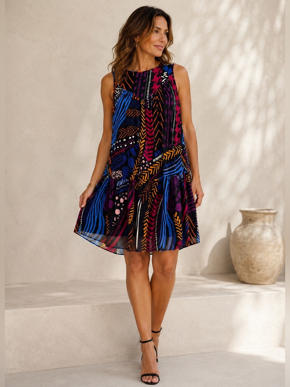FUZZI Italy Mesh Abstract Print Sleeveless Boho Lagenlook XL Dress